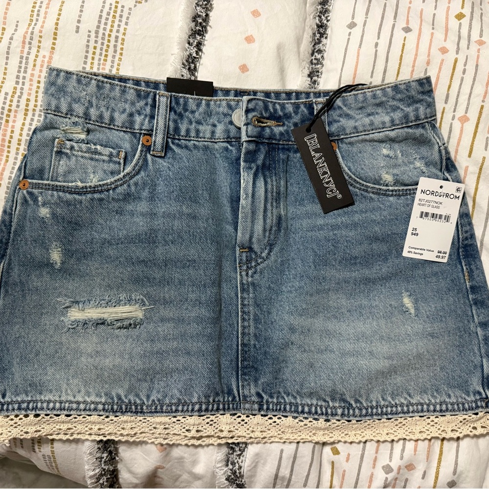 Blank NYC Distressed Denim Mini Skirt with Lace Trim